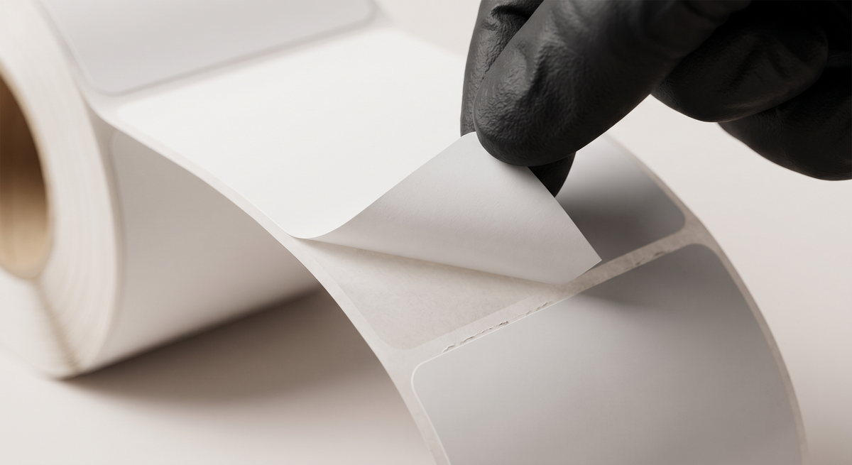 Close-up of a gloved hand peeling a blank label from a roll