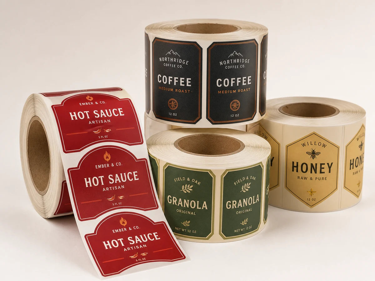 Illustrative printed food and beverage label rolls on paper and film stocks