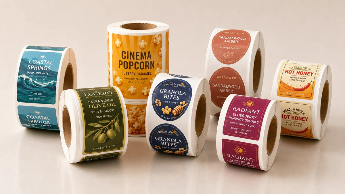 Printed food and product label rolls in several brand color systems