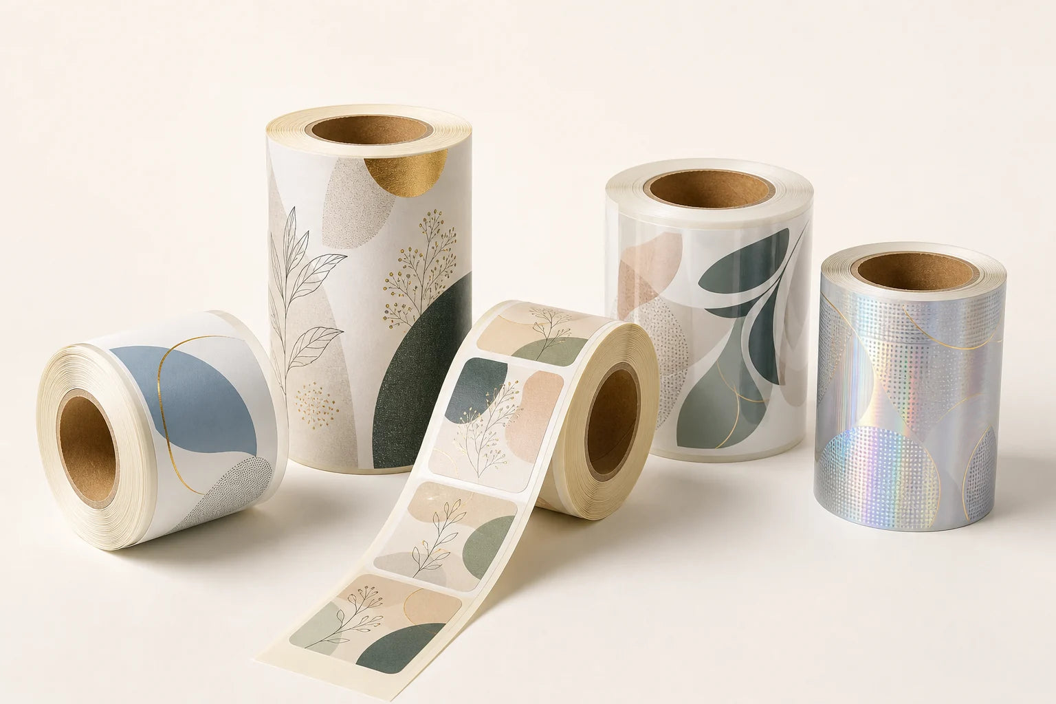 Printed label rolls with food, botanical, and product artwork
