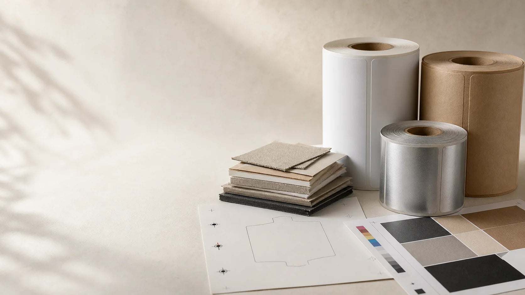 Label rolls, material swatches, dielines, and proof sheets arranged for production planning