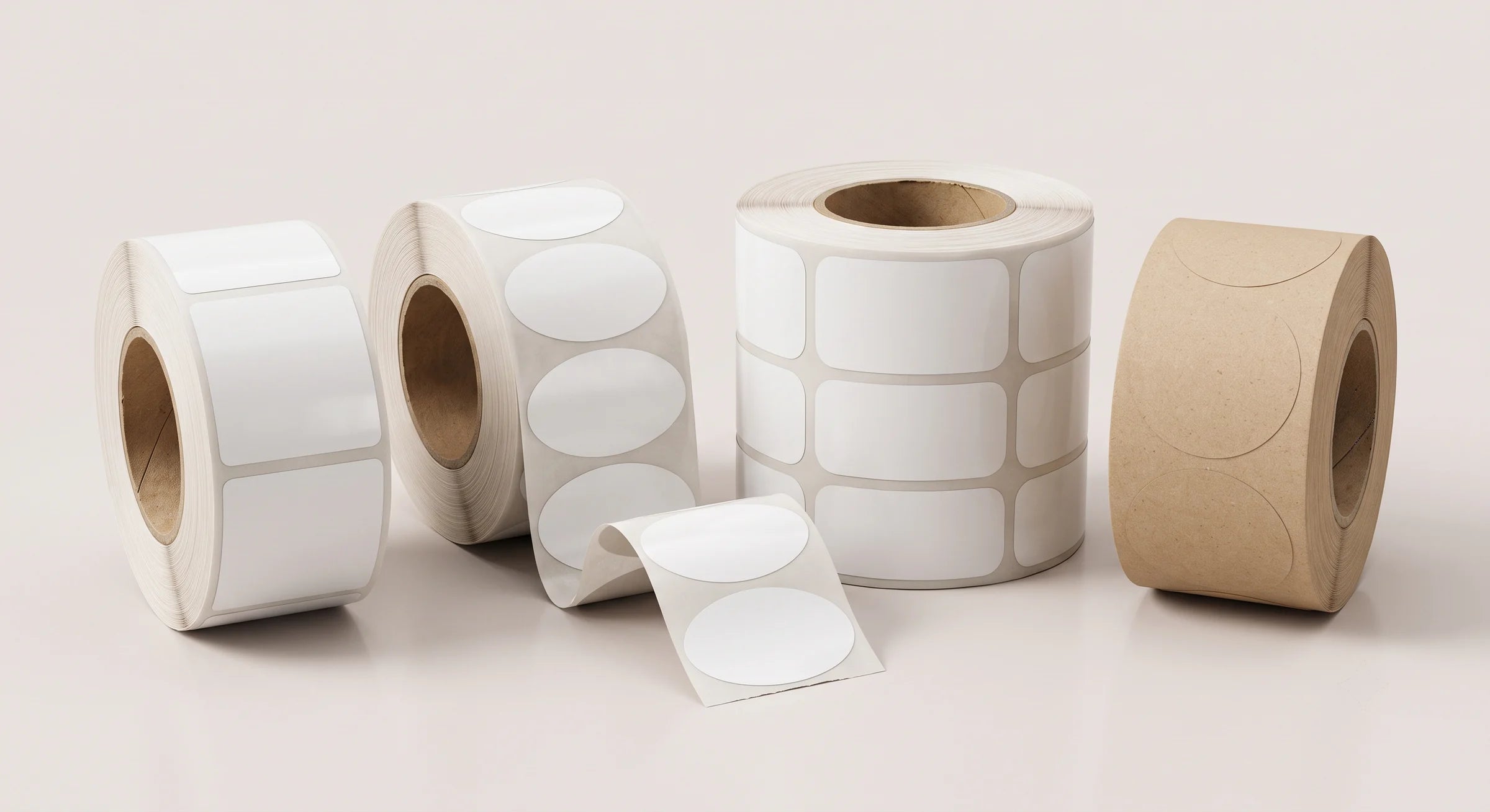 Blank label rolls in round, oval, rectangular, and multi-across formats