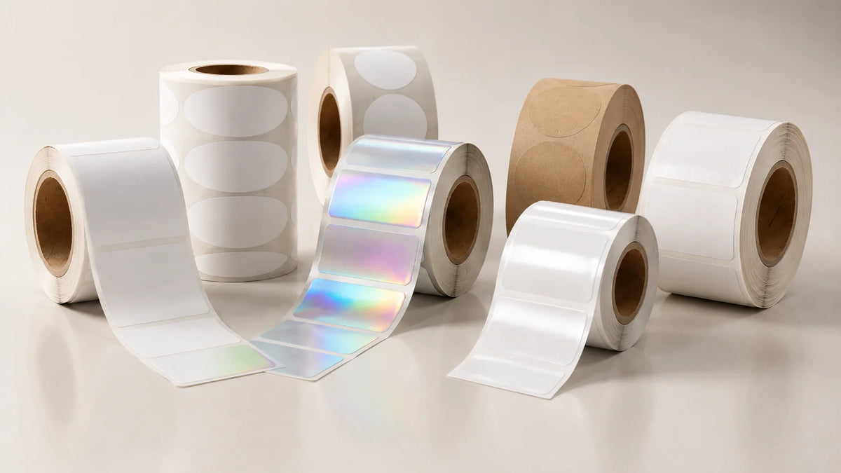 White and iridescent blank label rolls with peel-off labels